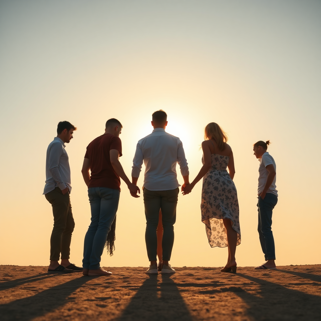 a group of men and women standing in a circle. they are holding hands. in the background there is the sun.