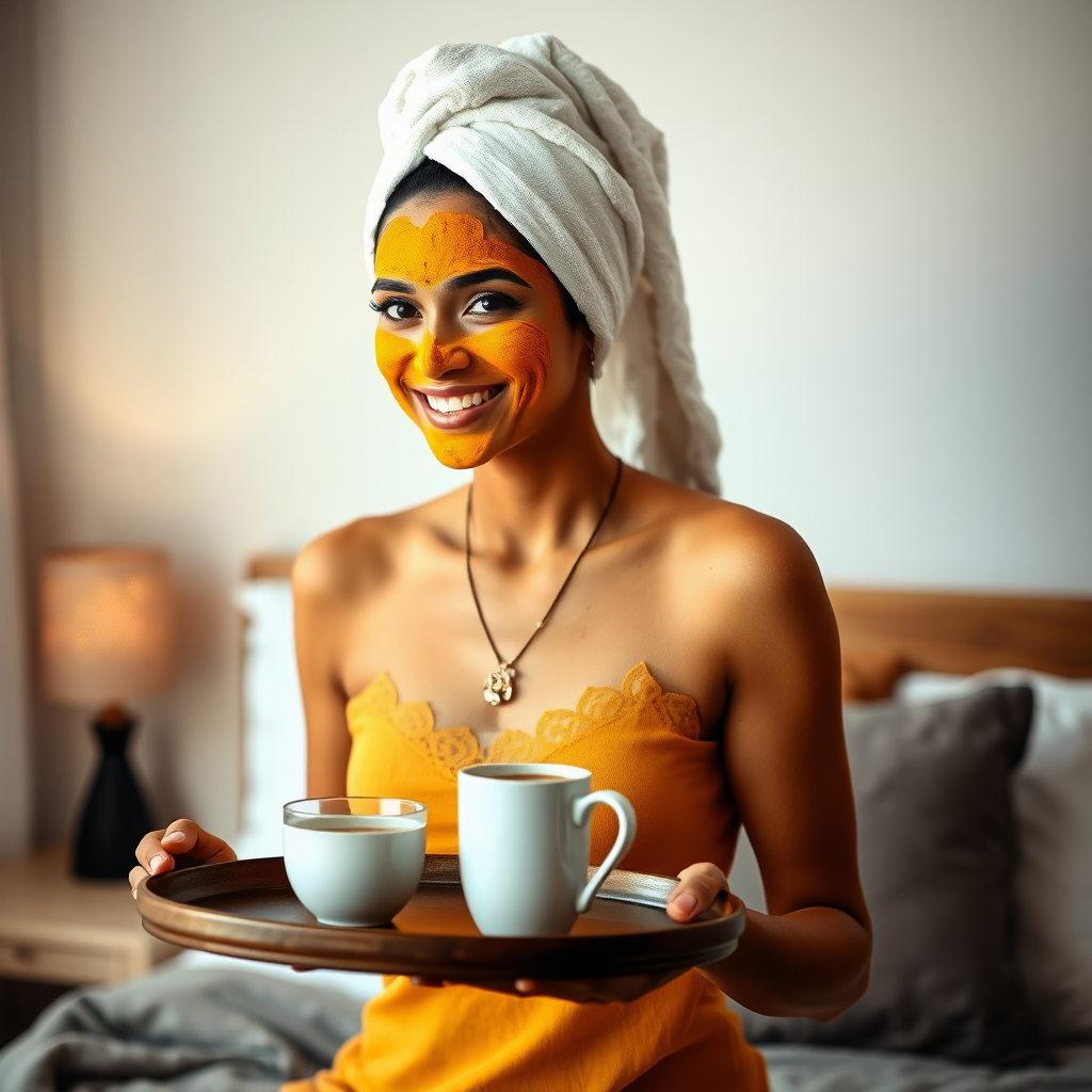 slim, 30 year old, indian wife, towel head, turmeric face mask. She is smiling and serving bedside coffee on a tray.