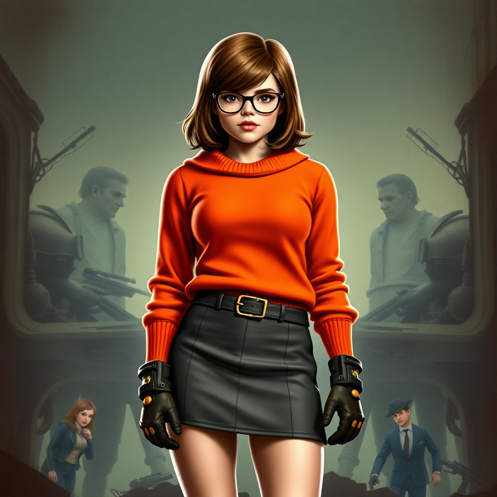 Create a full-length image of Velma Dinkley, using the male figure of Marcus Fenix. Retain Velma's head, hairstyle, and facial features. Adjust the costume to fit Marcus's muscular proportions while keeping the distinctive orange sweater, skirt, and glasses. Design a background that harmonizes elements from both characters, featuring a mystery-solving atmosphere intertwined with a battle-worn aesthetic inspired by Gears of War. Aim for a dynamic pose that reflects both Velma’s intellect and Marcus's strength, blending the essence of both worlds seamlessly.