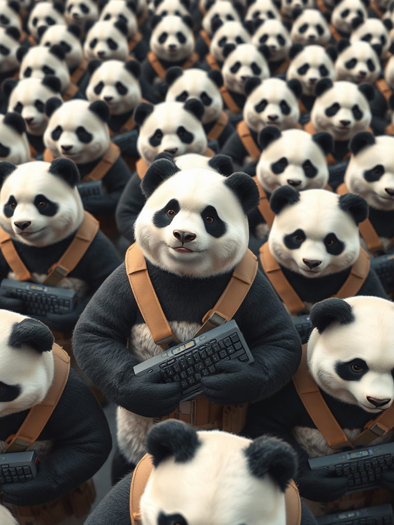 A bird's eye view of an army of panda bears dressed up as soldiers, all pandas holding a computer keyboard under their right arm.