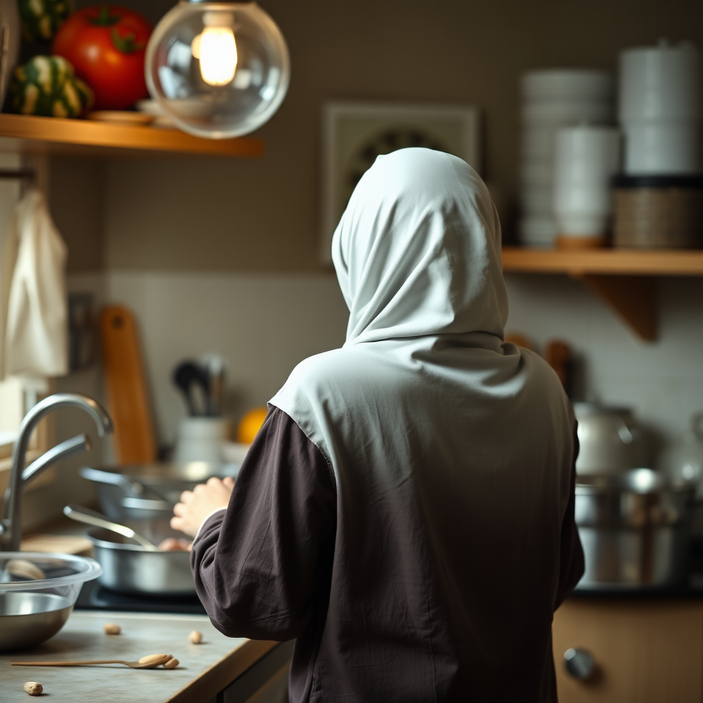 young muslim veiled girl with her back turned while cooking in the kitchen