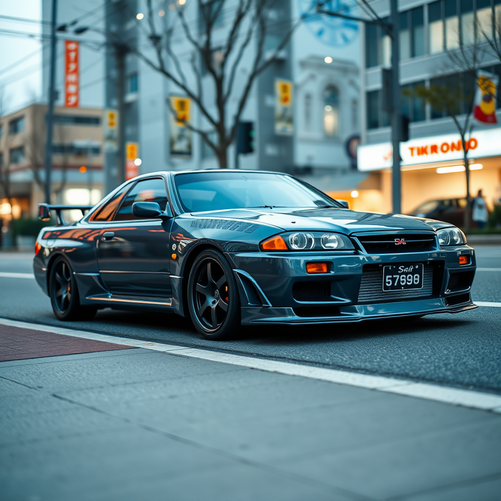 The car is parked on the side of the road, inspired by Taiyō Matsumoto, tumblr, restomod, nd4, c4 metallic shine gray black nissan skyline r34 tokyo gece cosplay kadınlar arkaplan hatasız ayrıntılı genel gerçek detaylar