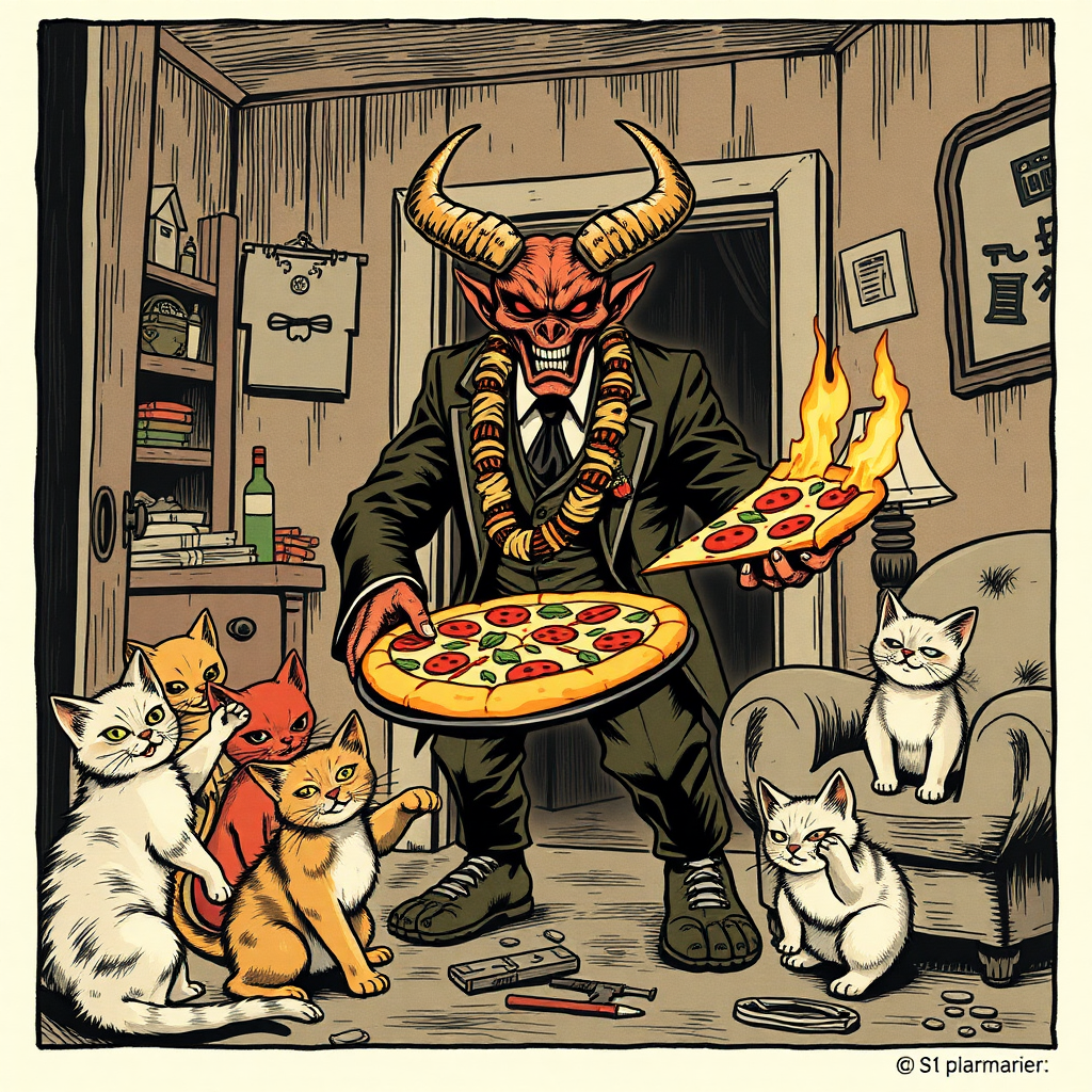 A well dressed handsome demon delivering Hawaiian pizza to angry kittens in a decayed apartment, Chinese woodcut, Mormon , Catholic