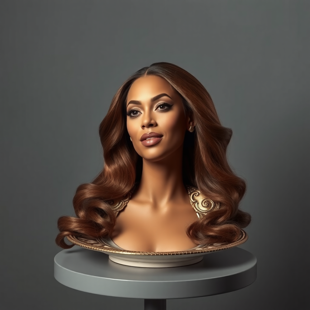 In a surreal and striking scene, the elegantly styled disembodied head of a stunningly beautiful Beyoncé rests gracefully on an ornate, luxurious plate, which is carefully placed on a simple, understated table. Her very long, flowing hair cascades like a rich waterfall of silky, rich brown locks, framing her exquisite face and accentuating her radiant, flawlessly glowing skin. The delicate contours of her chin rest lightly against the polished surface of the plate, lending an unexpected intimacy to the bizarre presentation.

The background is a muted, plain gray, casting an air of modern minimalism that contrasts dramatically with the lavishness of her appearance. Soft shadows play across her features, highlighting the subtle high cheekbones and perfectly shaped lips, which seem poised for a soft smile. The atmosphere feels both elegant and eerie, inviting intrigue and contemplation as viewers are drawn into this surreal artistic tableau, where beauty and the absurd collide in unexpected harmony.