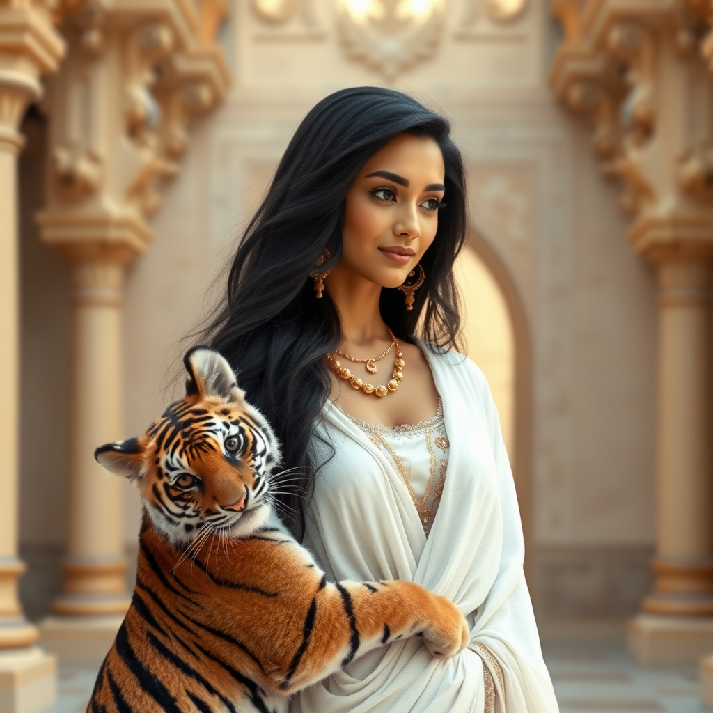 an arabic princess of 15 years standing in the palace. long black hair. a young tiger on her side is rubbing his head at her waist. photo