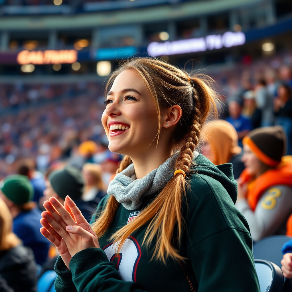 Attractive female NFL fan, pigtail hair, cheering, bleacher row