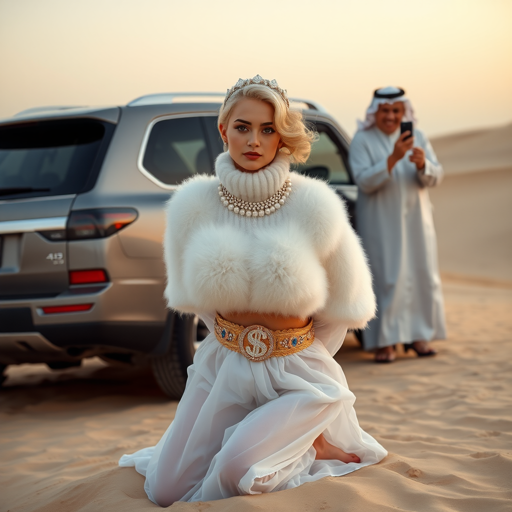 Kuwait desert dunes misty dawn, full size luxury SUV: Melissa, European 17 years old very convincing femboy “trophy-bimbo”, tamed servile docile, very beautiful feminine flawless face, rather short, by hormones very curvaceous womanly figured, platinum blond short tight curls, bold red lips, heavily made-up face, wearing Supertanya-style fluffy very fuzzy bright white angora turtleneck-poncho cropped ending under bust decorated with pearls and gemstones, striking oriental wide gold bridal protection belt, white fully transparent harem pants, full Oriental bridal jewelry with striking headpiece, full Oriental face-jewelry, striking diamond “$$$” letter brooch on left chest, pout frustrated, hands tied behind back, kneeling in sand in front of SUV, looking at camera. Focus on face and turtleneck-poncho. Standing behind leaning against SUV: older overweight mighty sheik laughing taking pictures with mobile phone.