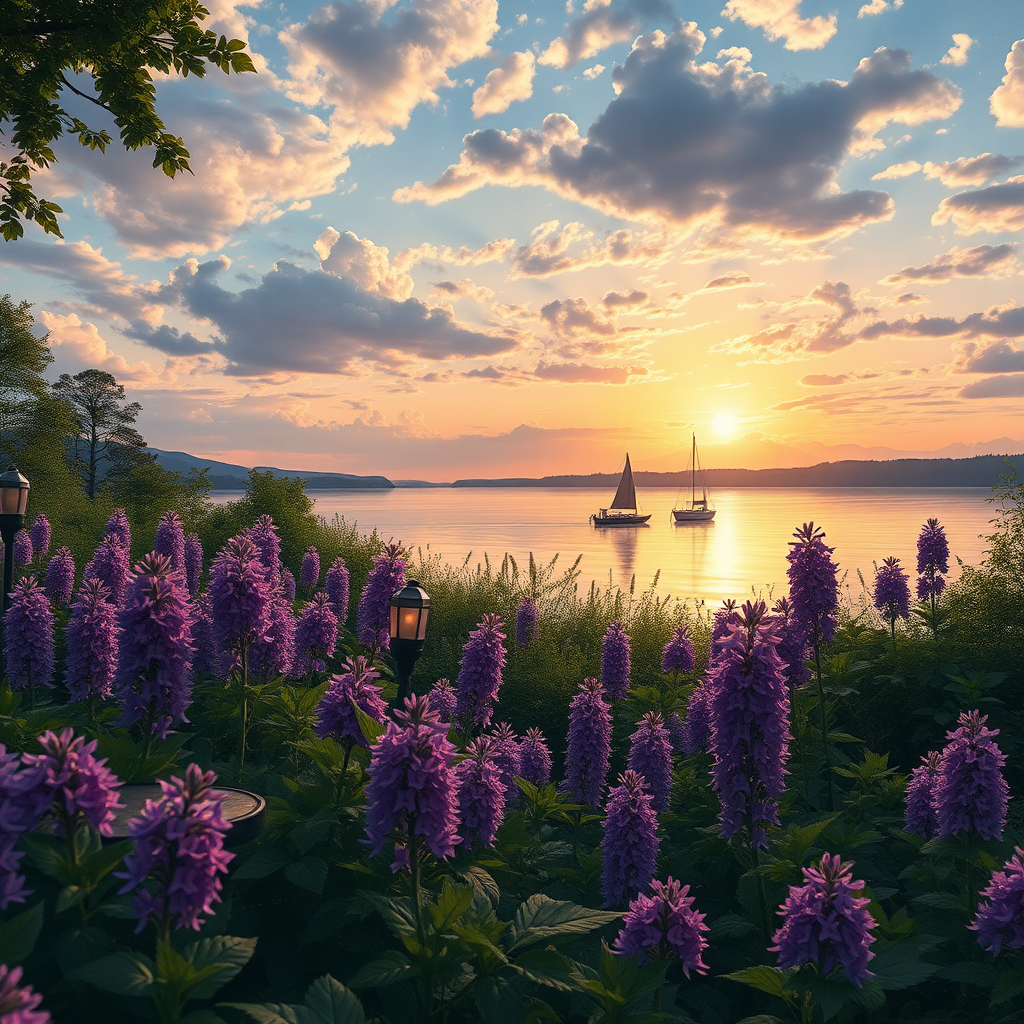 detailed background, (Calm spring night landscape), amongst lush greenery, beautiful view, creeping phlox in full bloom, creeping phlox, early morning, sunrise sky, beautiful clouds, dappled sunlight, outdoor seating, one lamp, Tranquil Lake, Boat on a Lake, depth of field, masterpiece, best quality, ultra-detailed, very aesthetic, illustration, perfect composition, intricate details, absurdres, moody lighting, wisps of light, no humans,