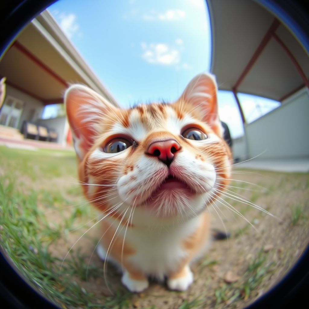 Under the fisheye lens, a cute little cat, adorable.