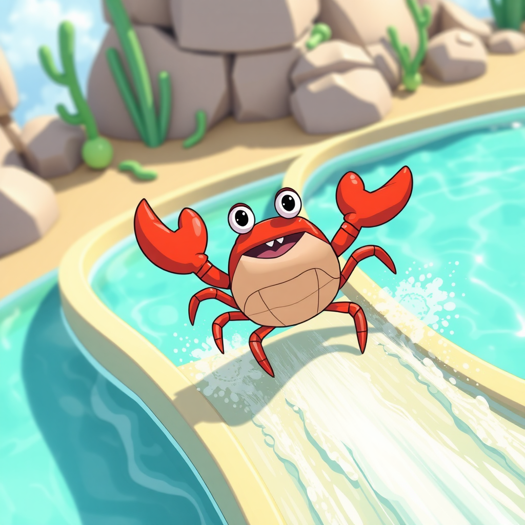 A cartoon crab riding on his back down a water slide