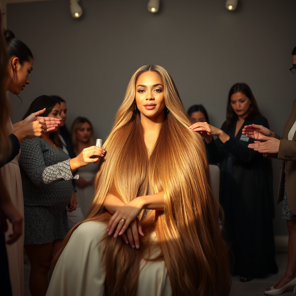 In an elegant, sunlit salon, adorned with soft, minimalistic decor, the stunning Beyoncé sits gracefully in a plush chair, her incredibly long, luxurious hair cascading like a flowing waterfall of silk down her shoulders and past her waist. The gentle glow of overhead lights highlights the rich, deep hues of her hair, each strand reflecting the brilliance of the space around her.

As an interactive long hair fetish performance art exhibit unfolds, curious visitors gather around, their eyes alight with fascination and excitement. Some eagerly reach out, gently grasping her hair between their fingers, feeling the smooth texture slip through their hands, while others playfully tug at it, testing the boundaries of their interactions. Each movement is accompanied by a symphony of soft gasps and murmurs of appreciation, enhancing the atmosphere of intimacy and connection.

The background is a simple, unobtrusive gray, allowing the artistry of the moment to take center stage. The air is charged with a sense of wonder and exploration, as visitors not only admire Beyoncé's hair but also engage in this tactile experience, deepening their understanding of the artistry behind her presence. Her expression is a mixture of serenity and playful engagement, reflecting her comfort and trust in this unique performance, ultimately creating a captivating scene where art and audience intertwine seamlessly.