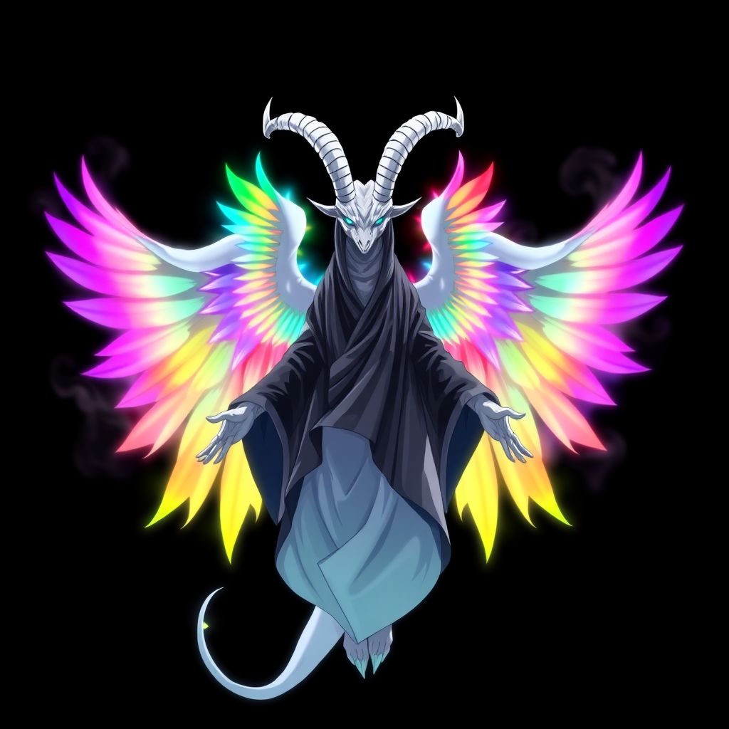 In an anime-styled artwork set against a deep black background, a towering humanoid figure reminiscent of a tall, white reptilian goat god commands attention. Its striking rainbow-colored eyes shimmer with an ethereal light, framed by two majestic white goat horns that curve elegantly from its head. Draped in flowing black and white robes that ripple like smoke, the figure exudes an air of mystique and power. Surrounding its form is a chaotic, radiant aura that shifts through the colors of the rainbow, creating a mesmerizing colorful reality spectacle.

Three magnificent angelic wings, each a vibrant blend of rainbow hues, unfurl gracefully from its back, their feathers shimmering with an otherworldly glow. With hands outstretched as if inviting connection, the figure floats serenely in the void, its gaze locking onto the viewer with an intense, otherworldly presence that captivates and enchants.