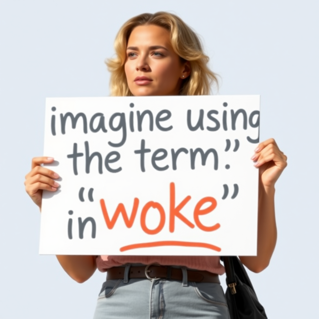 a woman holding a sign that says "imagine using the term 'woke' in 2024 - cringe"