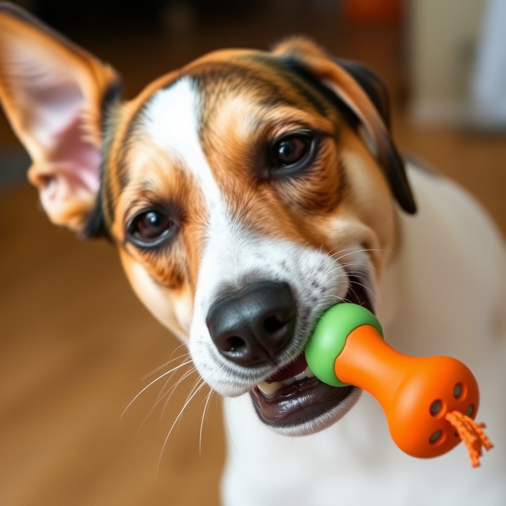 A dog biting a toy, close-up shot, head, slightly raising its head.