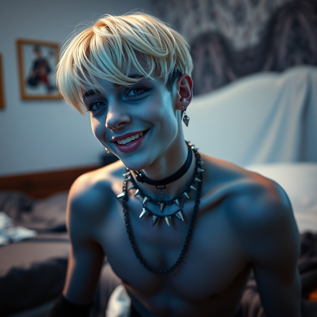 photorealistic, ultra high resolution, 16K, surreal fantasy, studio lighting, a pretty 14 year old goth male, slim male physique, short blonde hair, goth makeup, earrings, glossy blue pantyhose, white ballet shoes, spikey neck collar and leash, in the bedroom, excited smile, facing the camera.