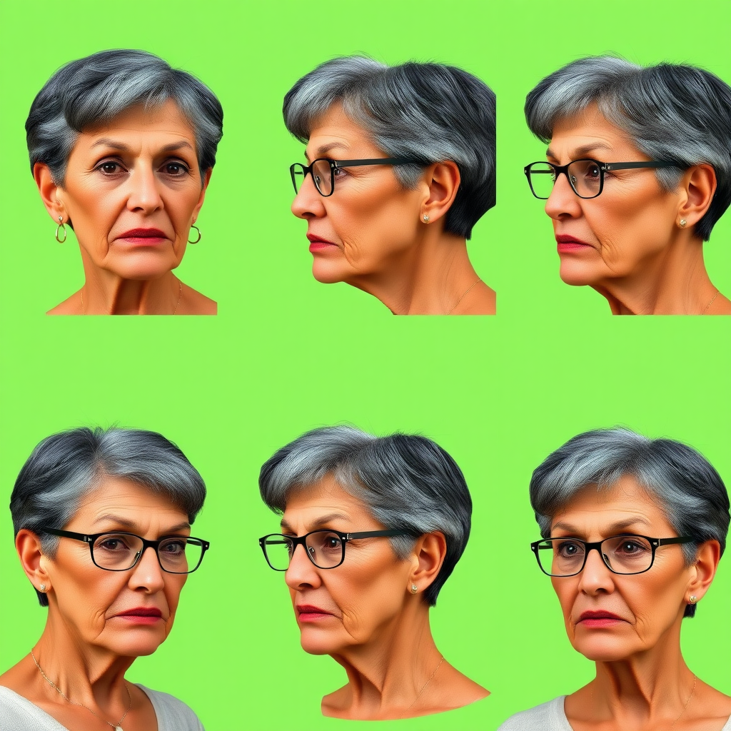 Photorealistic image of six headshots of a 55 Years old, European, Latina, sharp aquiline nose, wrinkles, high cheekbones, Middle Eastern, Skinny, Tanned skin, Dark light skin, full Makeup, jewelry, Serious face, Sharp nose, frowning, ecstatic expression, dark grey Ash hair, short bowl haircut, Brown eye color, Glasses, with detailed features. Each photo displays the same face in profile and front view, cut out and isolated on a green background. All six heads are visible side by side, empty space around each view, no overlapping.