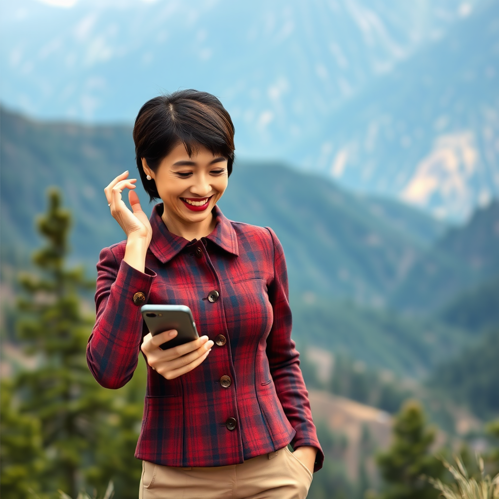 This photo shows a woman standing outdoors, possibly next to the mountains in Tibet, China. The woman appears to be in her late 30s to early 40s and has short, dark brown hair that is neatly and professionally styled. She is wearing a fitted, long-sleeved jacket that is a rich reddish-brown color with a geometric pattern of blue, red, and black lines. The jacket has a collar and large, round buttons on the front. She is also wearing beige pants, which may be matching. Her makeup is delicate, with red lipstick and light eye makeup, which further highlights her bright smile and cheerful expression. She holds a smartphone in her left hand, looking at it with a delighted expression, and gently touches her hair with her right hand. The background is full of endless mountains with many green trees, and the overall picture is very tense.