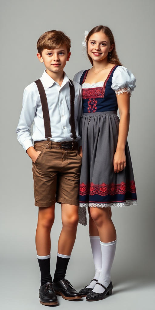 A 11yo teen boy, wearing shirt, very tight booty lederhosen, tube socks, shoes, long legs, narrow thighs. With a girl wearing traditional long dress. full-length view. studio background. Family photo. 1980s. photorealistic, ultra high resolution, 16K, Negative: grainy, blurry, bad anatomy, extra limbs, watermark.