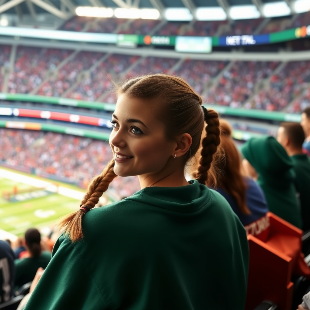 Attractive female NFL fan, pigtail hair, watching with friends, inside crowded bleachers, NFL stadium