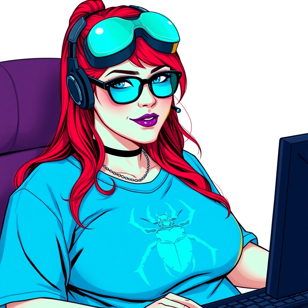 A cyberpunk vigilante’s full-figured intelligent and tech-savvy 28-year-old girlfriend, who is a computer hacker and tech genius. She has a long ruby red ponytail. She wears maximum blue lipstick, bright blue eyes, a sapphire beetle gemstone necklace, sapphire earrings, black eyeglasses, and an oversized maximum blue t-shirt featuring a blue sapphire gemstone crusted beetle chest icon. She has a full-figured physique with a prominent, massive, round belly, reflecting her well-cared-for lifestyle. She sports a sapphire headset with a hi-tech maximum turquoise lensed HUD, and a shy smile with a neon red blush. She serves as his tech expert from his hideout, diligently working at her lab table computer desk. The background is solid white. She is drawn as if she was in a retro 2D cyberpunk fighting game. Ensure her maximum blue t-shirt covers her belly.