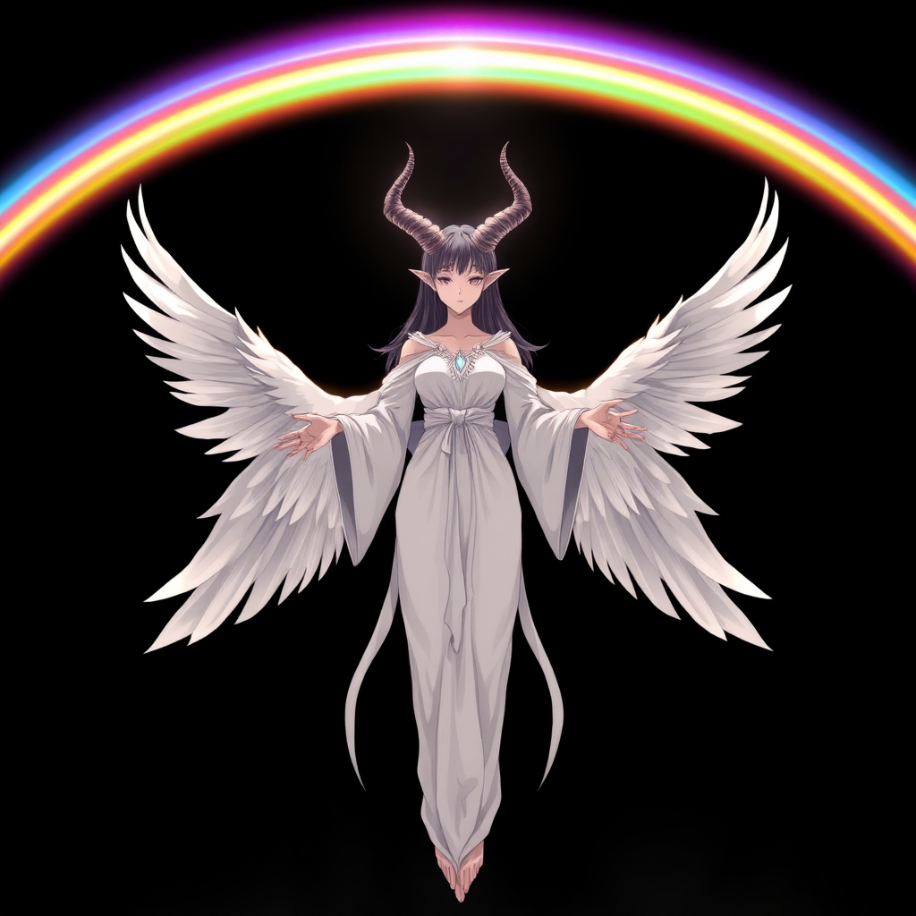 (Anime-styled art) Set against a black backdrop, a radiant, rainbow-like barrier shimmers with vibrant colors. At its center stands a faceless, powerful, godlike woman with an unsettling yet angelic presence. Two goat-like horns curve from her head, adding to her eerie aura. Four massive angelic wings extend from her back, their feathers glowing softly. She wears flowing white robes that ripple with divine energy, and her outstretched hands seem to command an otherworldly force. Both mesmerizing and terrifying, her ethereal form exudes a balance of beauty and dread.