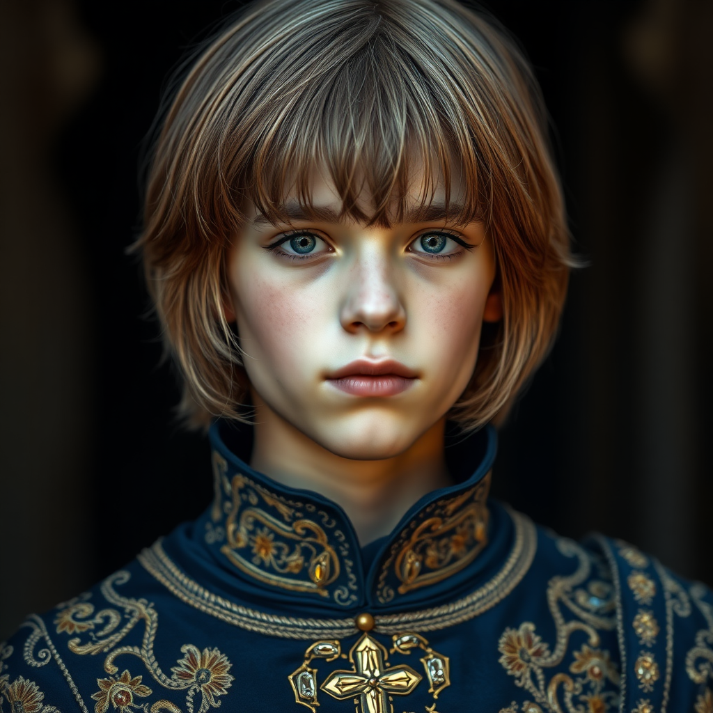 16yo teen boy prince, long bob cut, embroidered with gold and diamonds medieval cloths. 
photorealistic, ultra high resolution, 16K,