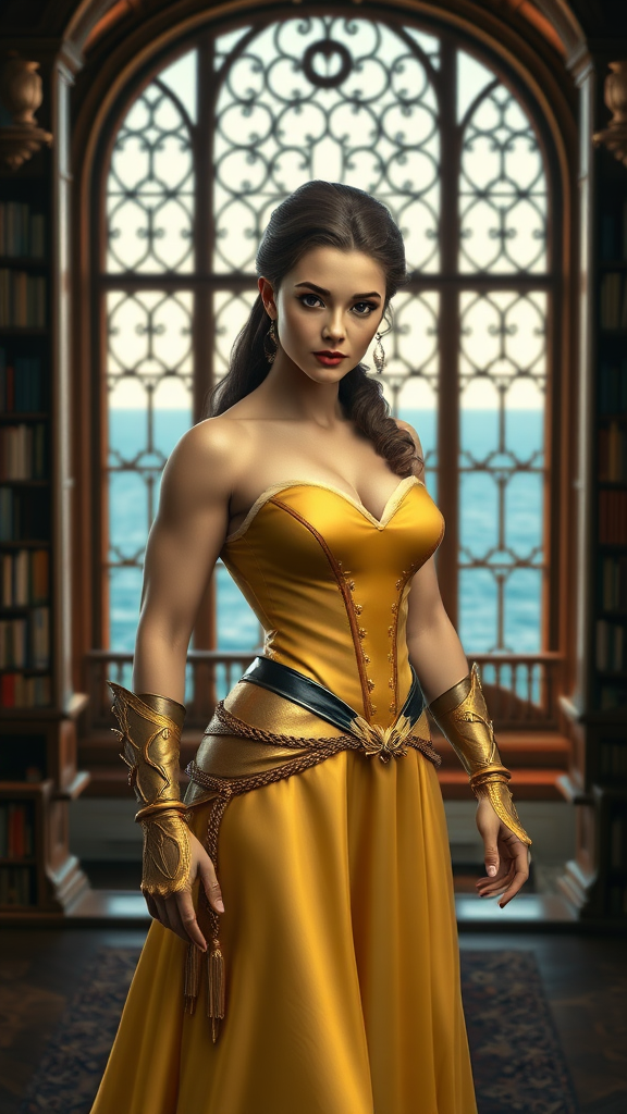 Create a hyper-realistic image of Belle from Beauty and the Beast with a modified body type resembling Aquaman's muscular physique. Maintain Belle's original head and facial features intact, but transform her figure to be more athletic and powerful. Dress her in an outfit that blends elements from both characters, suitable for her new form. Set the scene in a grand library with large windows overlooking the sea, combining Belle's love for books with Aquaman's aquatic realm. Ensure the lighting and details are vivid and lifelike.