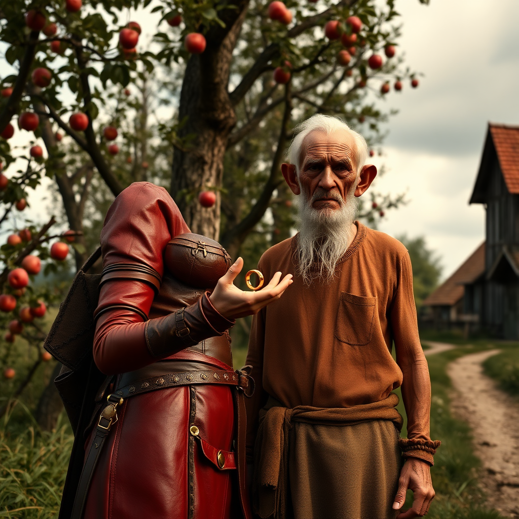 A wide distance shot of a pretty female adventurer in subtle red leather clothing, standing next to a thin, short, frail clean-shaven old farmer wearing rags and who looks ill. She is holding a gold ring towards him but he waves it away. Apple trees surround a pastoral fantasy house near a road to "Dunright".