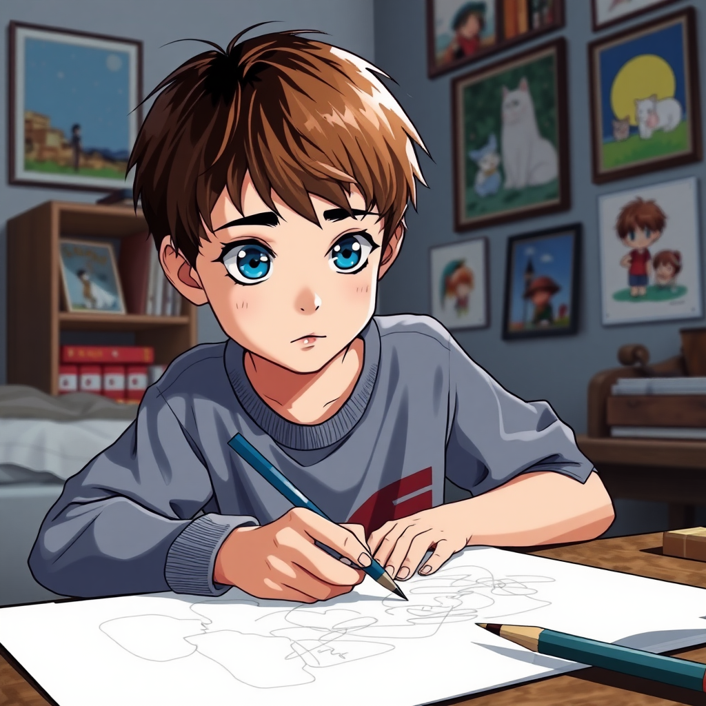 A 12 year old boy. He has blue eyes, brown short hair and he has a concentrated look on the paper. He is drawing in his room. He has Anime pictures on his wall. Anime, studio ghibli style.