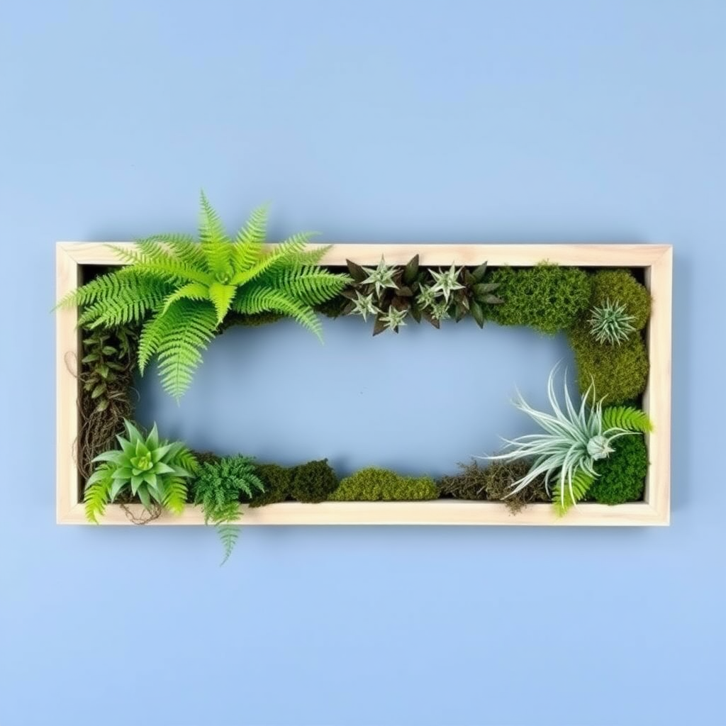 A horizontal picture frame is filled with ferns, moss, and air plants.