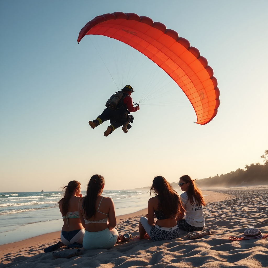 A firefighter paragliding over a group of girls on a beach