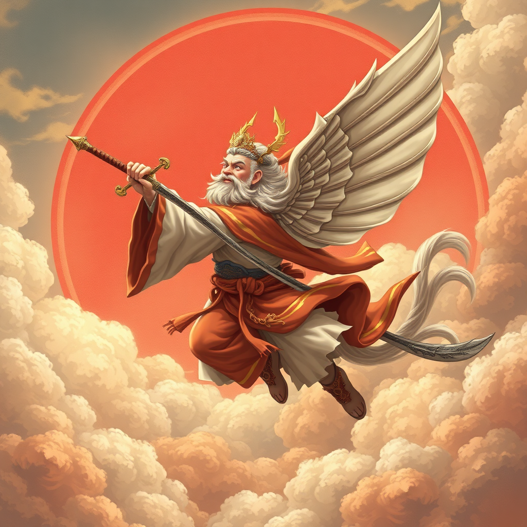 Flying with a sword, surrounded by auspicious clouds.