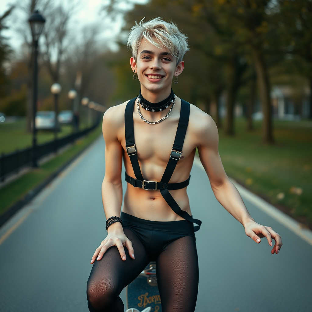 photorealistic, ultra high resolution, 16K, surreal fantasy, studio lighting, a pretty 16 year old goth boy, slim male physique, short blonde hair, goth makeup, earrings, pantyhose, harness, spikey dog collar and leash, trainer-bra, white ballet shoes, riding a skateboard in the park, excited smile, facing the camera.