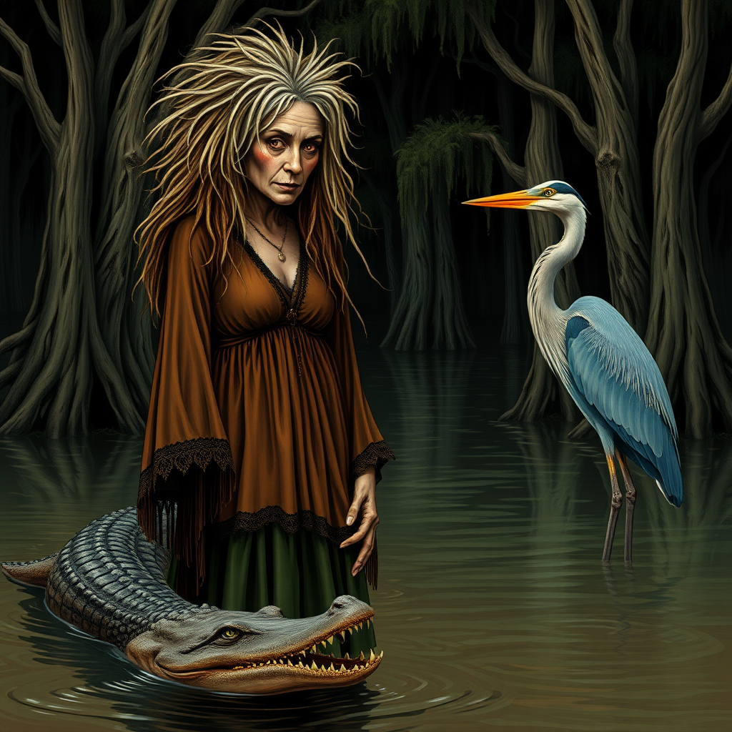 She was a Louisiana voodoo queen they called her MOJO Rose. She had wild stringy hair, bloodshot eyes and wore old rumbley clothes. Make her eyes bloodshot and take the things out of her hair and make her older. Show her full length and standing on the banks of a dark bayou with cypress trees and cypress knees in the water near the bank. An alligator swims by with only its eyes and nostrils visible. A giant blue heron waits in the shallow water with a small fish in its beak.