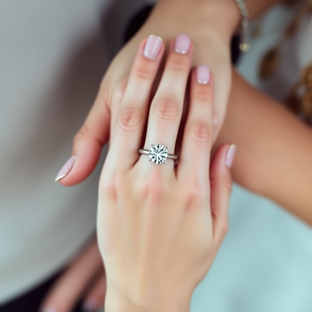 a man and woman's hands, the woman's hand has a 5 carrot engagement ring on it.