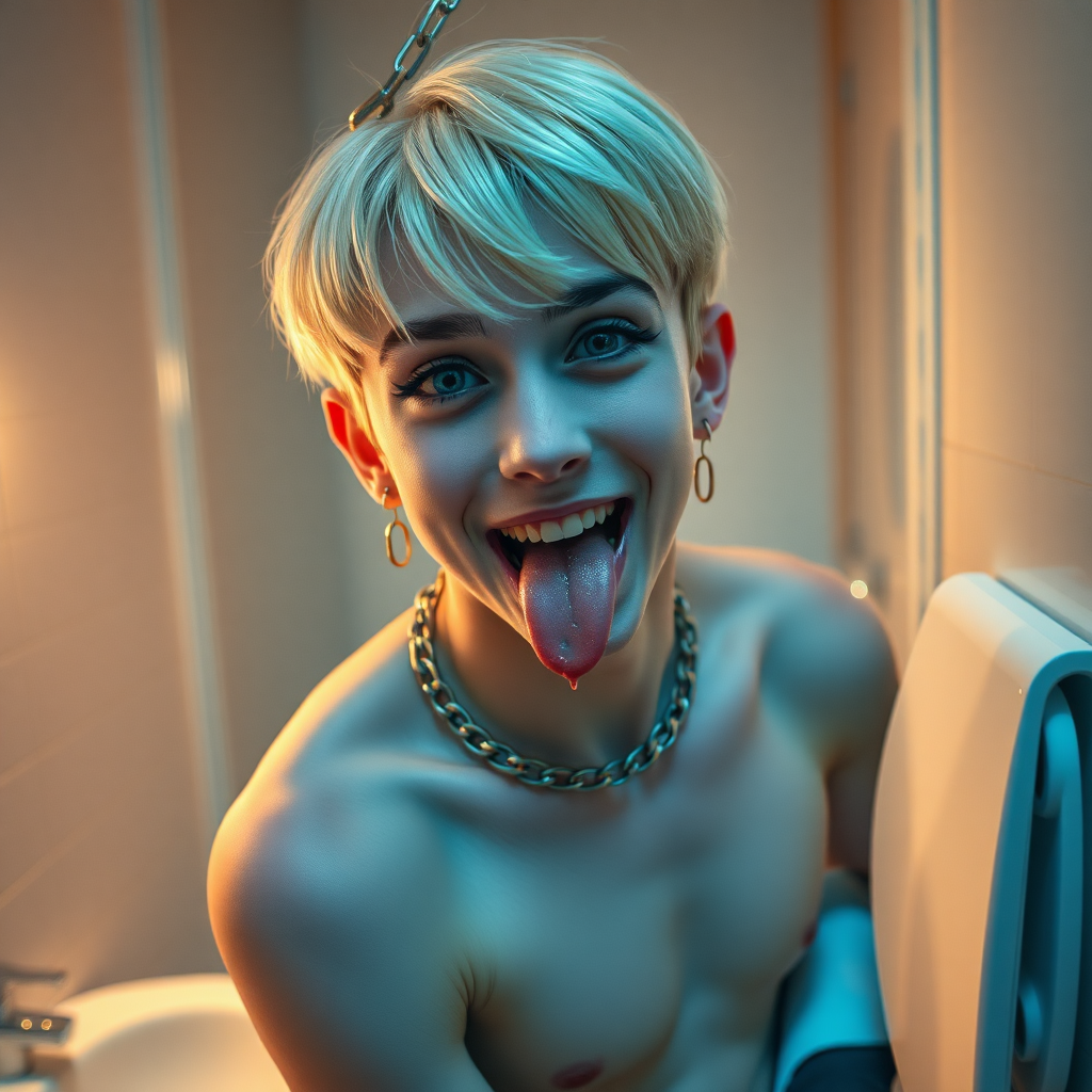 photorealistic, ultra high resolution, 16K, surreal fantasy, studio lighting, a pretty 16 year old goth boy, slim male physique, short blonde hair, goth makeup, earrings, spikey chain and leash, pantyhose, white ballet shoes, in the bathroom, excited smile, facing the camera, drooling from his mouth.