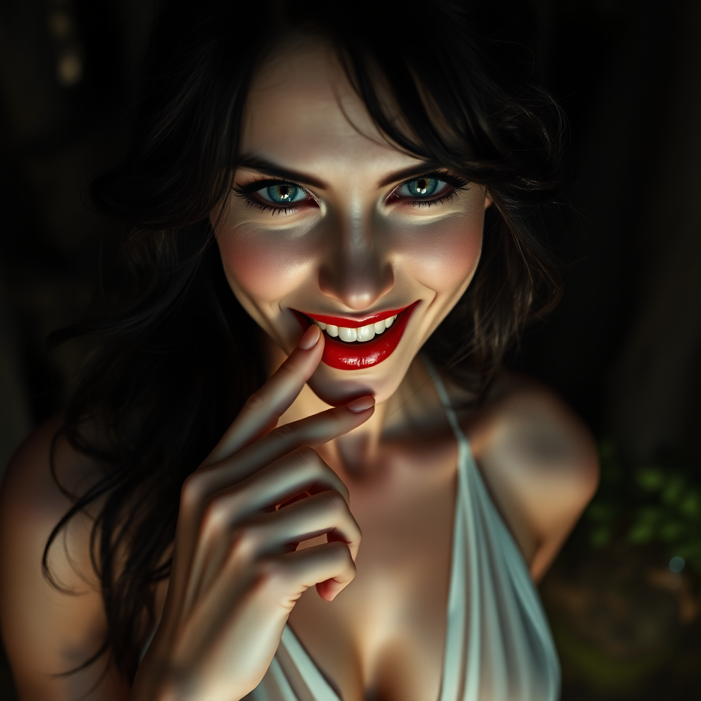 Enigmatically alluring inviting and scary looking smile.  
Running through secretive place, a small pond with God rays of light shining on her face in a glade in a tall magical forest where she lives, ready for a nude swim at any moment.  

The image presents Beautiful Hell standing with a powerful and commanding presence. She is a hyper photo realistic woman, visibly sweating, exuding menace, sexuality aroused and beauty. The background is dark and mysterious, enhancing her enigmatic presence and adding depth to the image.  

Her dark raven-black hair cascades down in soft, wavy strands often caught in a breeze, contrasting sharply against her pale, flawless unblemished skin with delicate feminine sexual tattoos sprinkled around her body.  

Beautiful Hell has a strikingly beautiful face with fine unbroken porcelain white skin and smooth defined features. Her mouth slightly open, with an index finger laying on her lip and the tip of her finger in her mouth. And her teeth are hyper realistic.  

Her eyes are sharp and in focus when zoomed in to one of her eyes. Her eyes are a piercing blue, intensely realistic in detailed realism, bright and crisp, and realistically detailed and deep are intense and captivating, capable of drawing you in, and intimidating anyone who meets her gaze. Her eyes show an intense need to own the viewer, are framed by long dark lashes, adding to their dramatic effect. Her expression is sexual and menacing and intense, reflecting her dual nature.  

Emotional and Visual Impact:  
The image evokes a sense of raw sexual attraction and admiration for Beautiful Hell’s beauty, body, intricate revealing, intimacy, and intensity. The combination of transparent sheer fabric, a deep and wide plunge line that reveals the edge of her nipples, and delicate ultra light white silk of her dress creates a balance between elegance and sexual allure, making her beautiful to linger your gaze upon, unavoidably sexually attractive, and intimidating. The visual intensity of the image is heightened by the dark, mysterious background, which adds to her enigmatic presence. The overall emotional response is a mix of admiration for her beauty, a subtle unnerving sense of fear or respect, and mostly for her bold, daring, sexual attention-demanding design that she wears to specifically honor her deliberate and lead the viewer to physical sexual attraction to her. Her demeanor and physical exposure are outrageously bold, giving her an openly gleeful and ecstatic smile reflected in her brilliant blue eyes, inviting anyone to oppose her.  

Dress Design and Features:  
Plunge Line: The dress, made of a thin revealing silk, shows the colors of her areolas and features a deep and wide plunge line that extends to just below her belly button, revealing the smooth skin of her torso and her belly button emphasizing the dress's allure and Beautiful Hell's alluring natural sexuality. The dark, remarkably fine silk of the dress clings closely to her figure, accentuating her curves and emphasizing her feminine form.