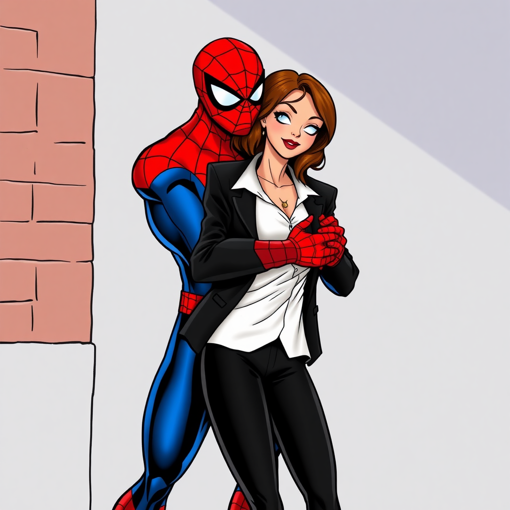 Spider-Man wearing classic red and blue Spider-Man suit and a beautiful female burglar in a black blazer over white shirt with black pants hugging each other as a loving couple in the 90s comic cartoon.