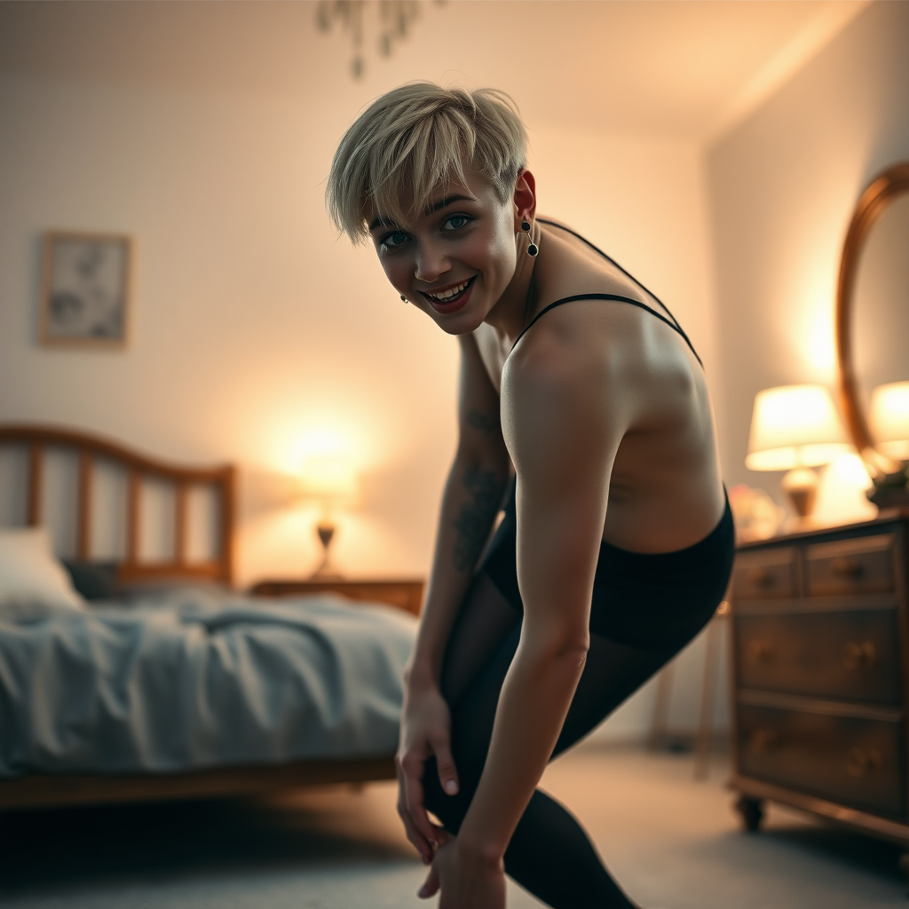 photorealistic, ultra high resolution, 16K, surreal fantasy, studio lighting, a pretty 16 year old goth male, slim male physique, short blonde hair, goth makeup, earrings, pantyhose, white ballet shoes, in the bedroom - he is bending forward, excited smile, facing the camera.