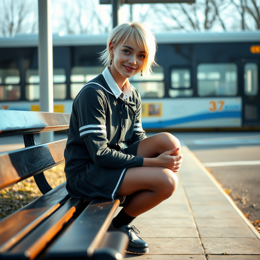 photorealistic, ultra high resolution, 16K, surreal fantasy, soft studio lighting, a pretty 18 year old goth male, slim male physique, short blonde hair, goth makeup, earrings, shiny black pantyhose, UK girls-school uniform, Mary-Jane shoes, sitting on a bench waiting for the school bus, in daylight, excited smile, facing the camera.