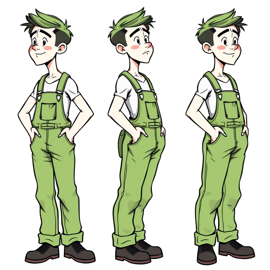 multiple views with progression, character design sheet, blushing shy nervous small 20 year old european skinny man wearing green work overalls is trying to hide his excitement, long establishing shot, 2D, caricature, cartoon, Sketch lines, coloring book, black and white, coloring book style on white background, well composed, clean coloring book page, No dither, no gradient, strong outline, No fill, No solids, vector illustration, side view, vector illustration, empty space around each view