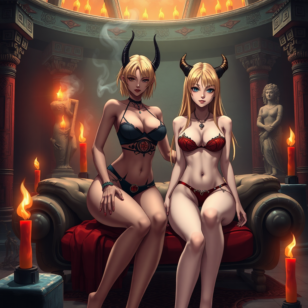 Anime, debaucherous hedonistic and thrilling ancient-sex temple room with burning-torches, sofa view, 2 mischievous tall-slender demon women right next to you, short blond hair, wearing sexy-micro bikini-bra-like clothing, 1 of them has long-blond hair and is wearing no bra but-red-gem tit covering her naked breast, red-lips, g-string, Womb tattoo on belly, mischievous smile, large breasts, full body, long legs, 2 stone-statues of naked women