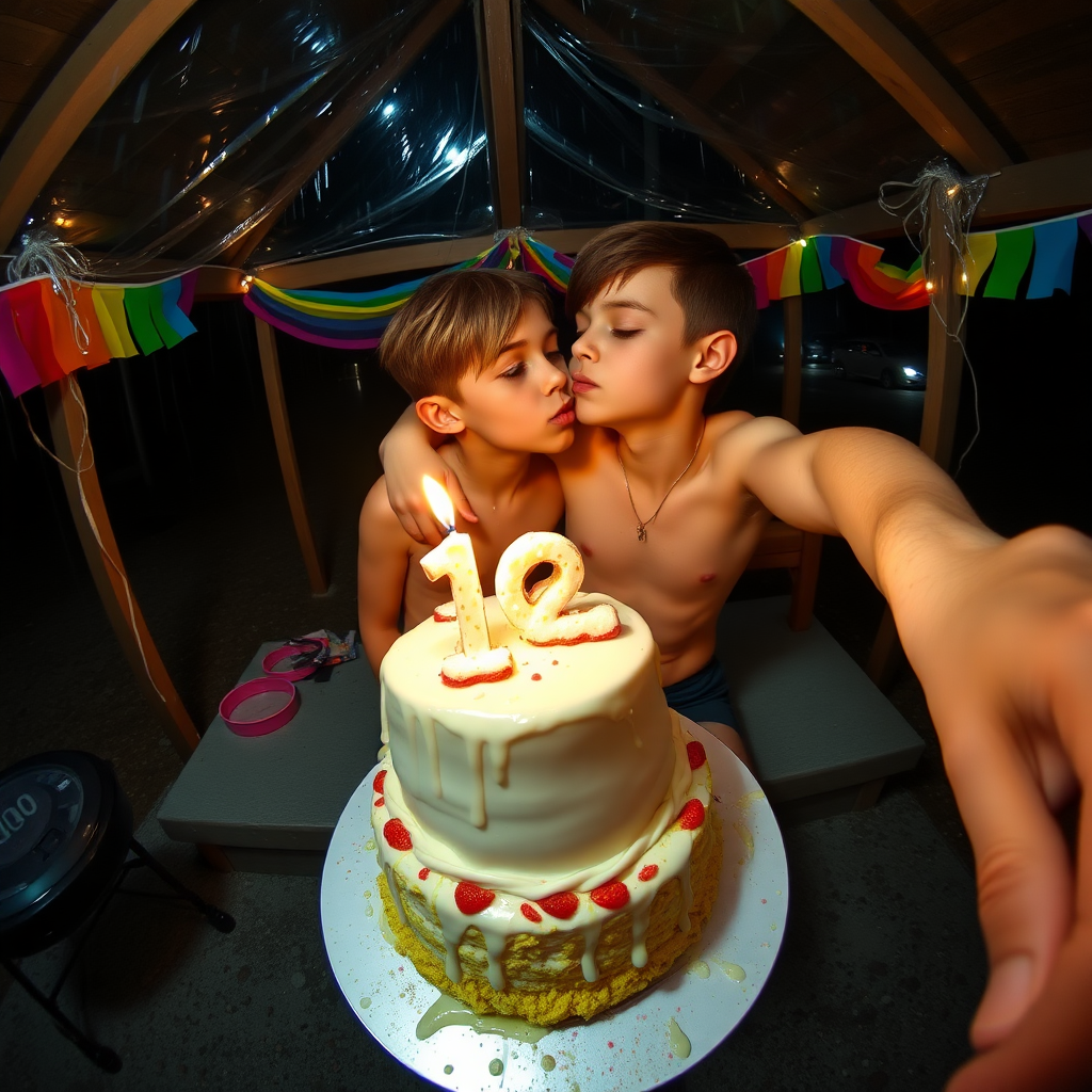 rainbow birthday party!, aerial selfie, selfie stick, night vision, friendly barefoot tween boy shirtless with adorable hair and freckles kissing his brother, candle on cake shaped like 12, they are sticky with smashed birthday cake and icing like runny white mucous, shirtless and in tiny little fitted trunks, alone celebrating in a dark rainy picnic shelter at midnight, winking at the camera, rainbow decorations