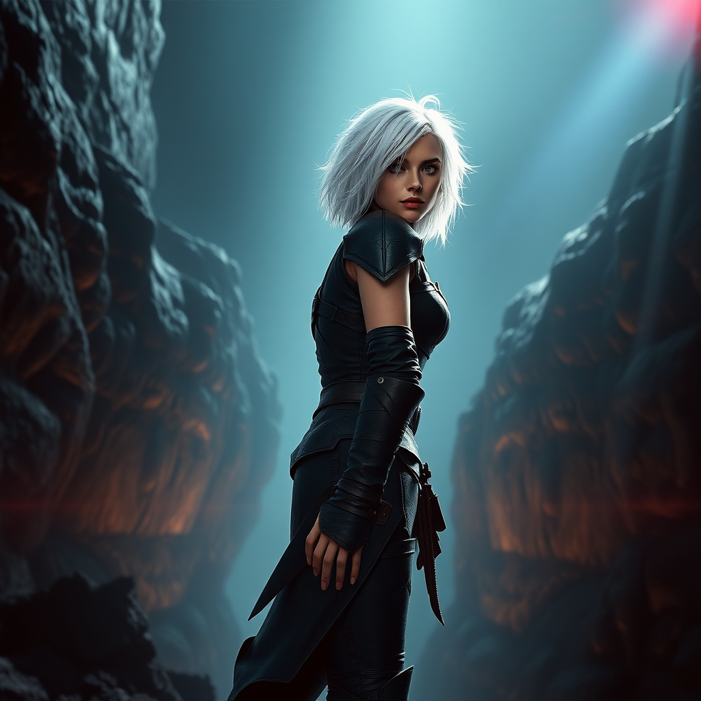 A female like (Ana de Armas). Messy shoulder-length white hair. Leather armor, high heel ankle boots. Chasm in Ultima Underworld. Photorealistic digital matte painting, highly detailed, film grain, lens flare, chromatic aberration.