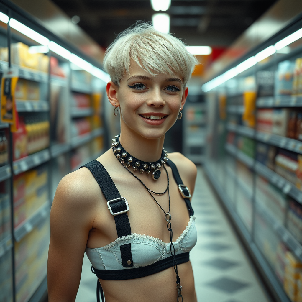 photorealistic, ultra high resolution, 16K, surreal fantasy, studio lighting, a pretty 16 year old goth boy, slim male physique, short blonde hair, goth makeup, earrings, pantyhose, harness, spiky dog collar and leash, trainer-bra, white ballet shoes, in the supermarket, excited smile, facing the camera.