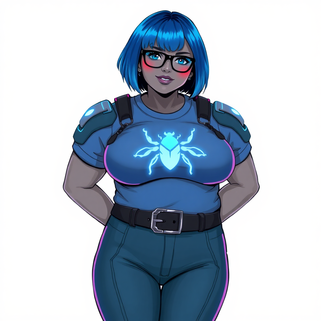 A 28-year-old, full-figured, middle gray skinned computer program hybrid with a maximum blue bob cut. She has a non-athletic build, highlighted by a prominent, round, large midsection (with emphasis on her belly), which shows the aftermath of her pampering. As the heavily pampered digital sidekick to her cyberpunk vigilante boyfriend, her middle gray metallic skin and maximum blue lipstick emphasize her digital nature. She wears a digital, computerized costume inspired by DC’s Carrie Kelly Robin, consisting of a huge, tight-fitting, maximum blue t-shirt with a neon blue glowing chest icon of a beetle, hi-tech shoulder pads with neon blue accents, a black hi-tech belt with a digital neon blue glowing buckle, digital maximum blue biker pants with neon blue accents, and black hi-tech fingerless biker gloves with neon blue glowing accents. Her neon blue glowing eyes, black eyeglasses with a neon blue glowing HUD built into the lenses, and shy smile with neon red blush accentuate her nerdiness. She stands bashfully with her hands behind her back, her costume covering all her skin and emphasizing her full-figured physique (especially her belly). She is clearly non-athletic, with a focus on her full-figured physique. Despite her build, she radiates beauty. She has a slim face compared to her physique, accentuating her radiant beauty. She is on a solid white background. She is drawn as if she were in a retro 2D cyberpunk fighting game.