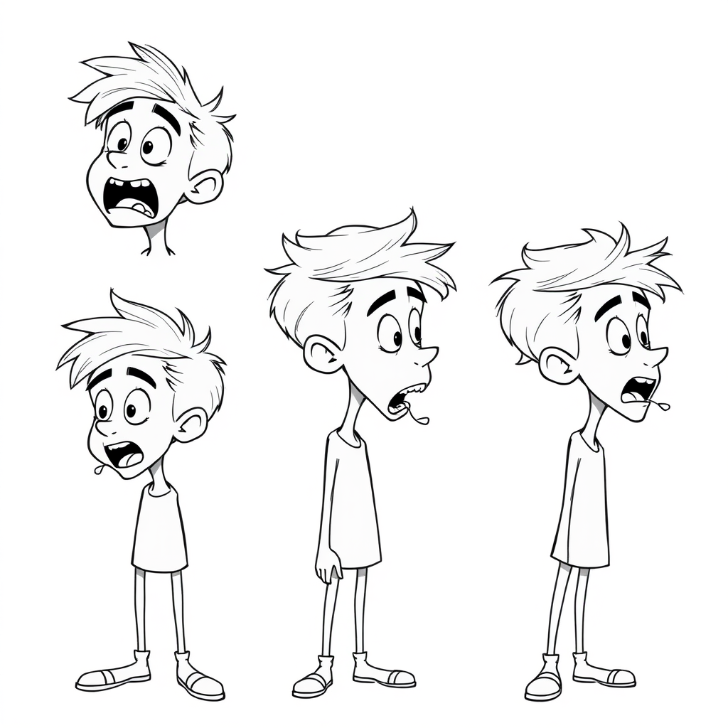 multiple views with progression, character design sheet, short, excited, amazed, open mouth, 15 year old european skinny boy, drooling, detailed features, long establishing shot, 2D, caricature, cartoon, Sketch lines, coloring book, coloring book style on white background, well composed, clean coloring book page, No dither, no gradient, strong outline, No fill, No solids, vector illustration, side view, vector illustration, empty space around each view, movement lines