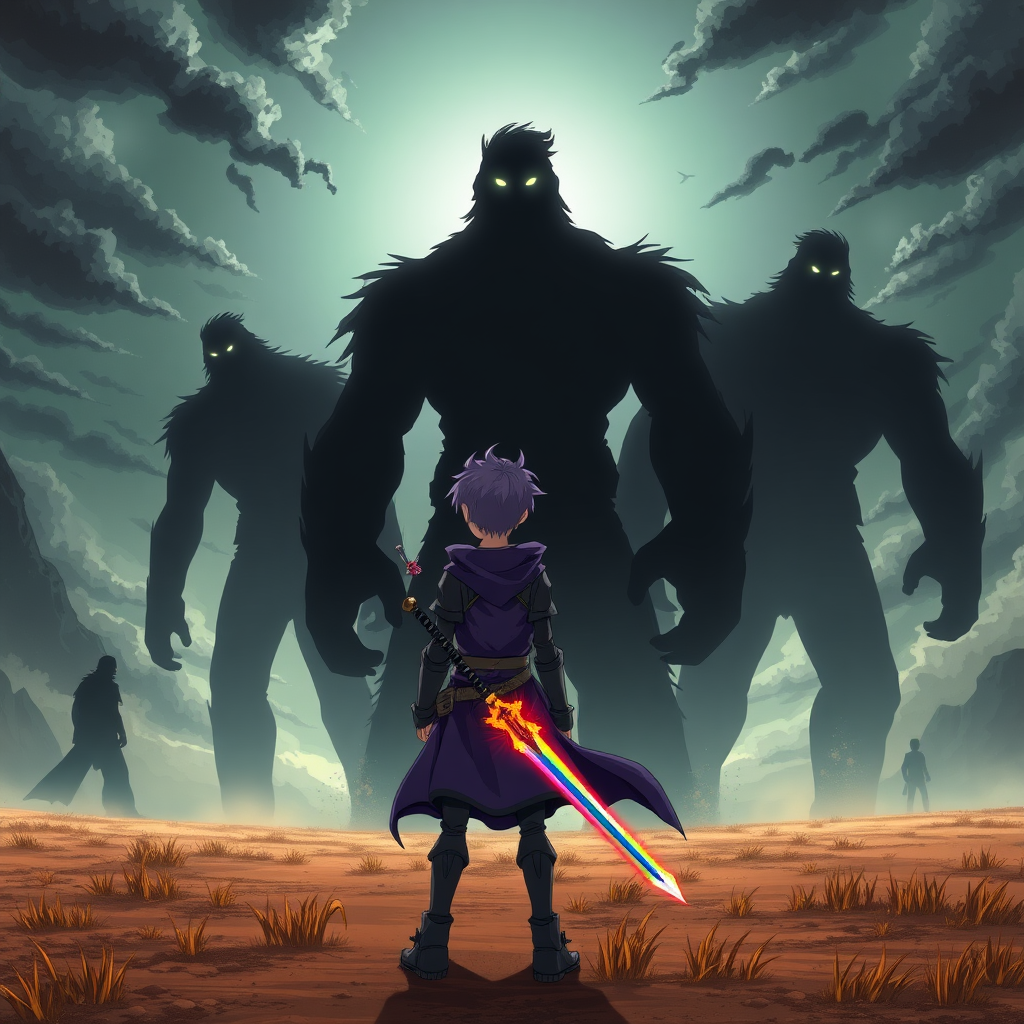 (Anime Style Art), An apocalyptic background, dark skies, plain-field, 3 giant-humanoid beings made of black shadow pure-darkness with only 1 white lens flare as an eye, 2 of them are stickfigure like, (The Roaring titans), a badass young-teenage boy with purple hair and purple-knight wear holding a rainbow-flaming sword stands backside