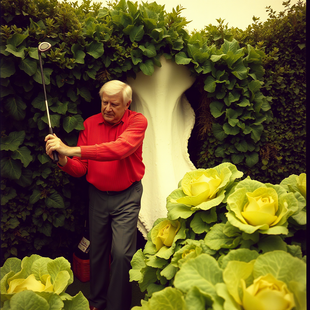 Highly detailed Kodachrome color real British surrealist photograph from 1978 of Harold took an eight-iron at the first Hoped the hedge whilst Tostig chipped and cursed Sliced into a sticky patch and, playing out, He'd met his match When lettuce leaves had made the crowd disperse