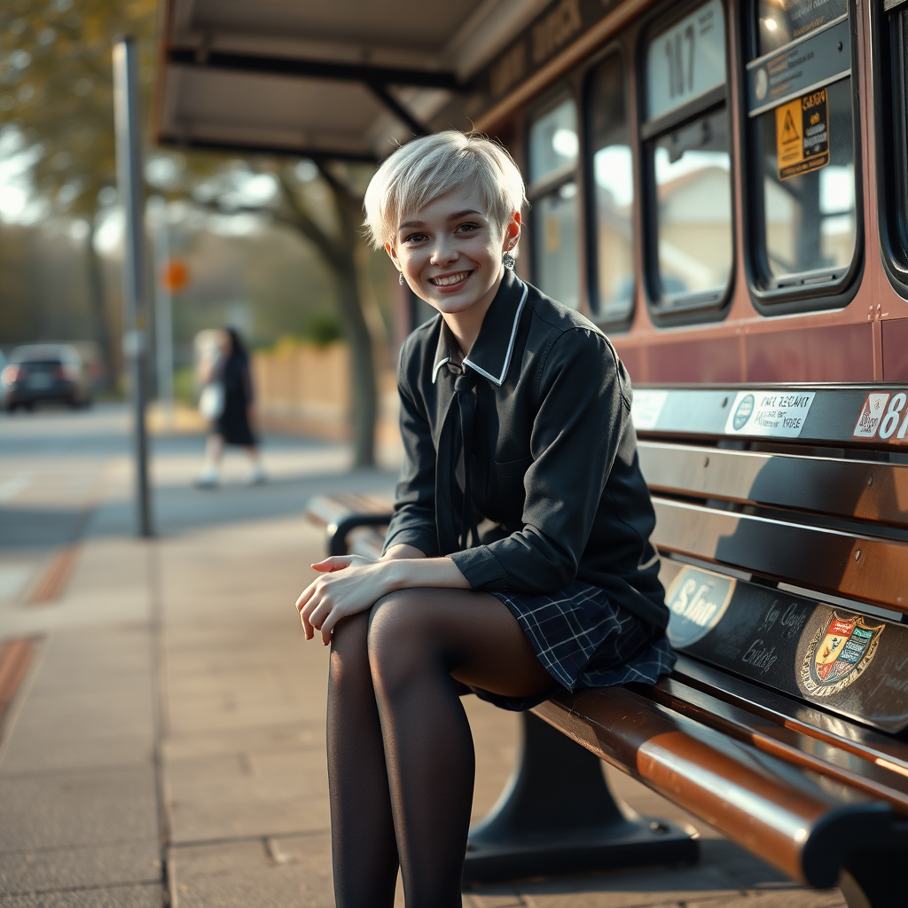 photorealistic, ultra high resolution, 16K, surreal fantasy, soft studio lighting, a pretty 18 year old goth male, slim male physique, short blonde hair, goth makeup, earrings, shiny black pantyhose, UK girls-school uniform, Mary-Jane shoes, sitting on a bench waiting for the school bus, in daylight, excited smile, facing the camera.